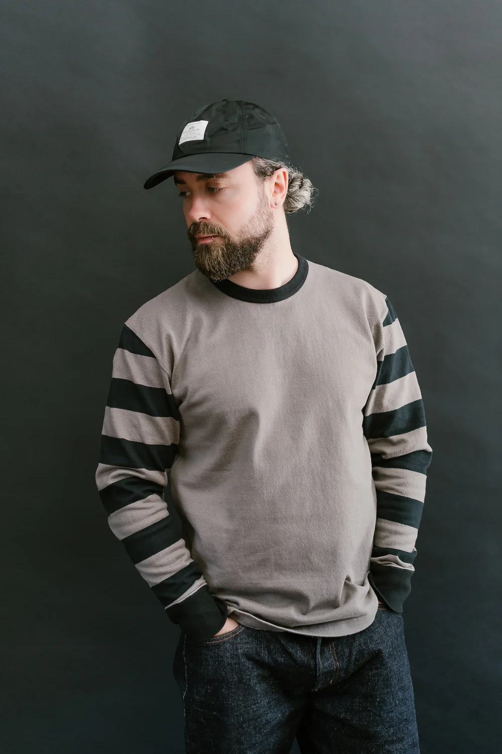 IHTB-12-GRY -  11oz Cotton Knit Long-Sleeved Sweater - Grey Body, Black Stripes - Image 14