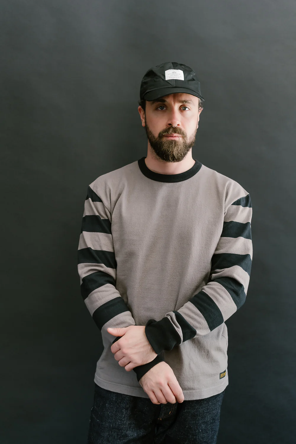 IHTB-12-GRY -  11oz Cotton Knit Long-Sleeved Sweater - Grey Body, Black Stripes - Image 15