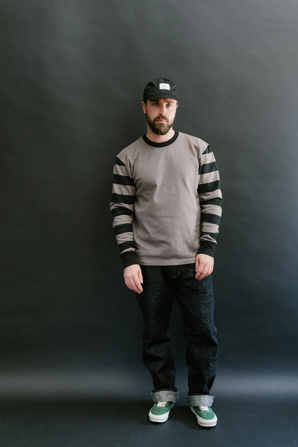 IHTB-12-GRY -  11oz Cotton Knit Long-Sleeved Sweater - Grey Body, Black Stripes - Image 5