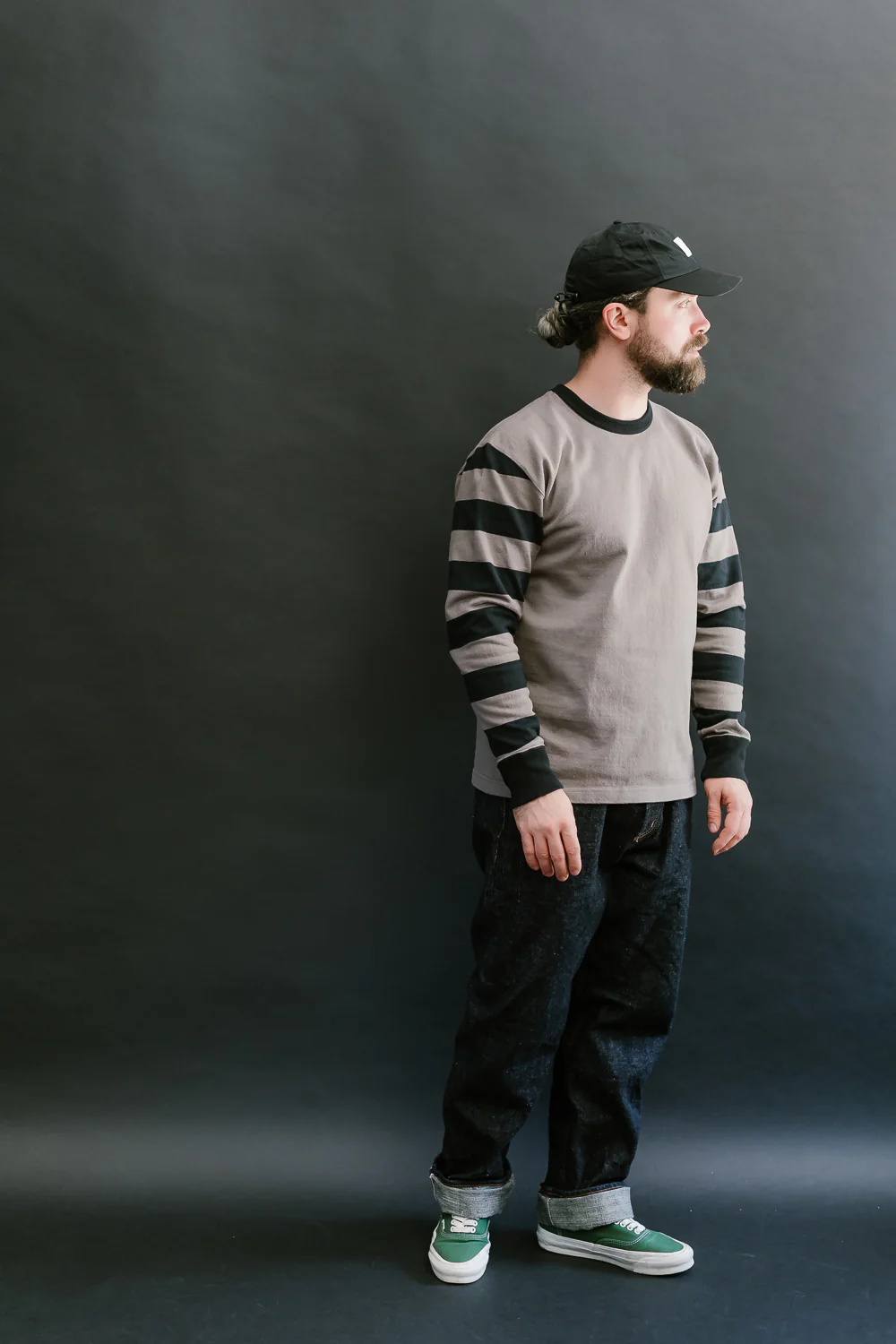 IHTB-12-GRY -  11oz Cotton Knit Long-Sleeved Sweater - Grey Body, Black Stripes - Image 6