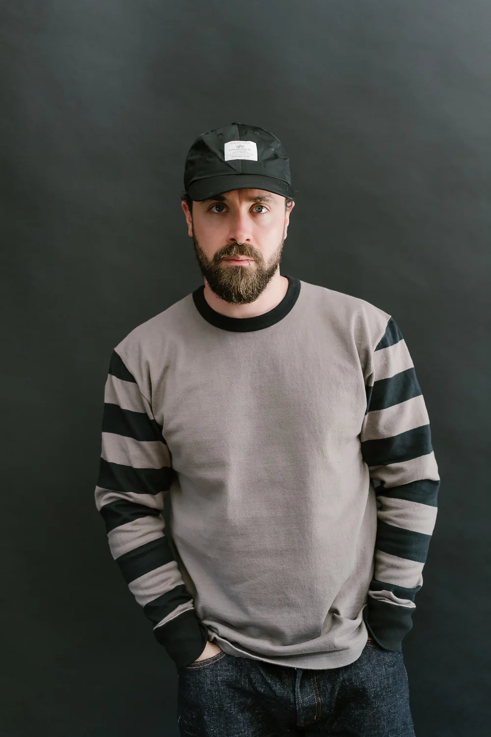 IHTB-12-GRY -  11oz Cotton Knit Long-Sleeved Sweater - Grey Body, Black Stripes - Image 8