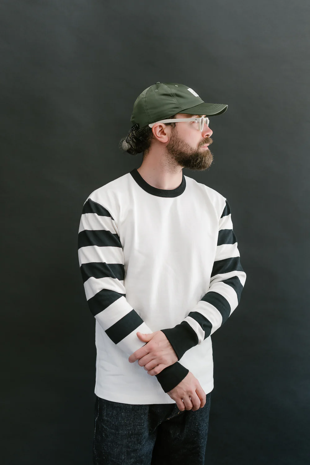 IHTB-12-WHT -  11oz Cotton Knit Long-Sleeved Sweater - White Body, Black Stripes - Image 10