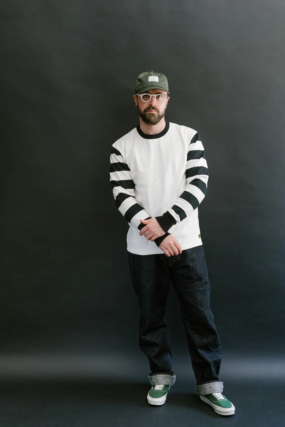 IHTB-12-WHT -  11oz Cotton Knit Long-Sleeved Sweater - White Body, Black Stripes - Image 6