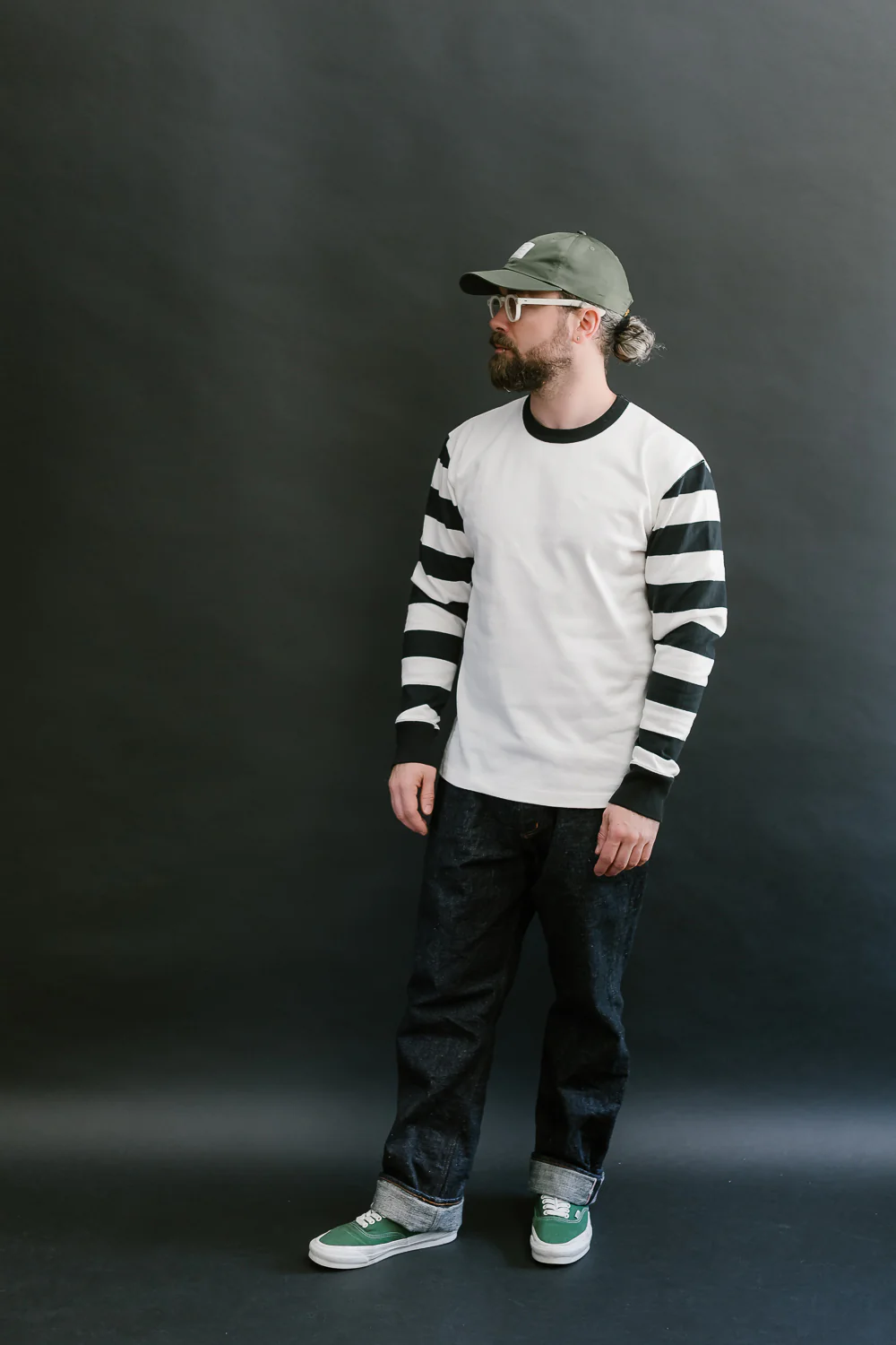 IHTB-12-WHT -  11oz Cotton Knit Long-Sleeved Sweater - White Body, Black Stripes - Image 7