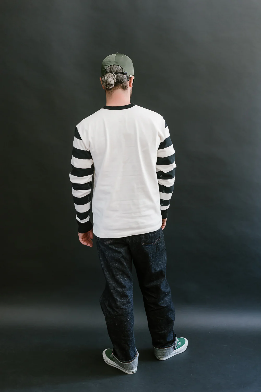 IHTB-12-WHT -  11oz Cotton Knit Long-Sleeved Sweater - White Body, Black Stripes - Image 8