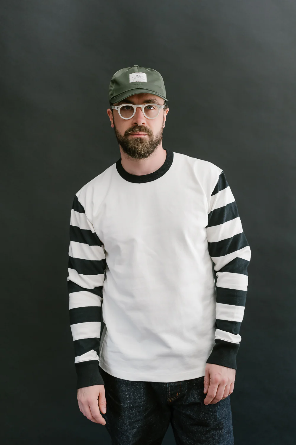 IHTB-12-WHT -  11oz Cotton Knit Long-Sleeved Sweater - White Body, Black Stripes - Image 9