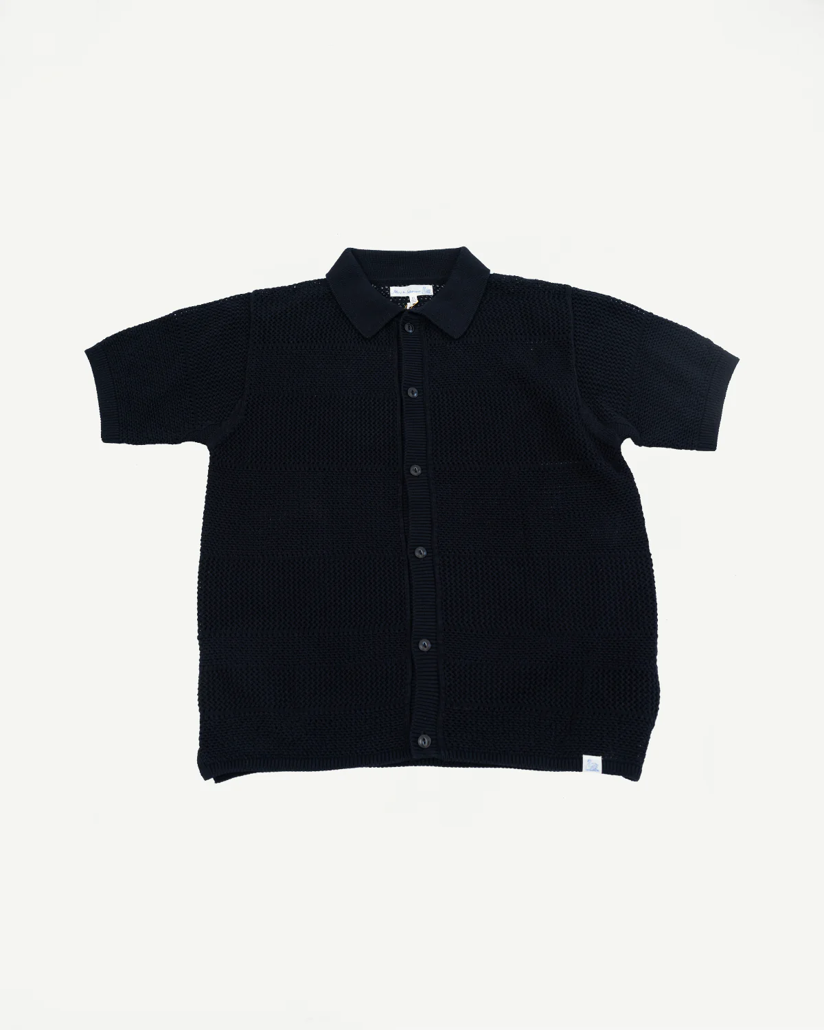 KNITSHIRT01.99 - 1960s Crochet Cotton Short Sleeve Shirt - Deep Black