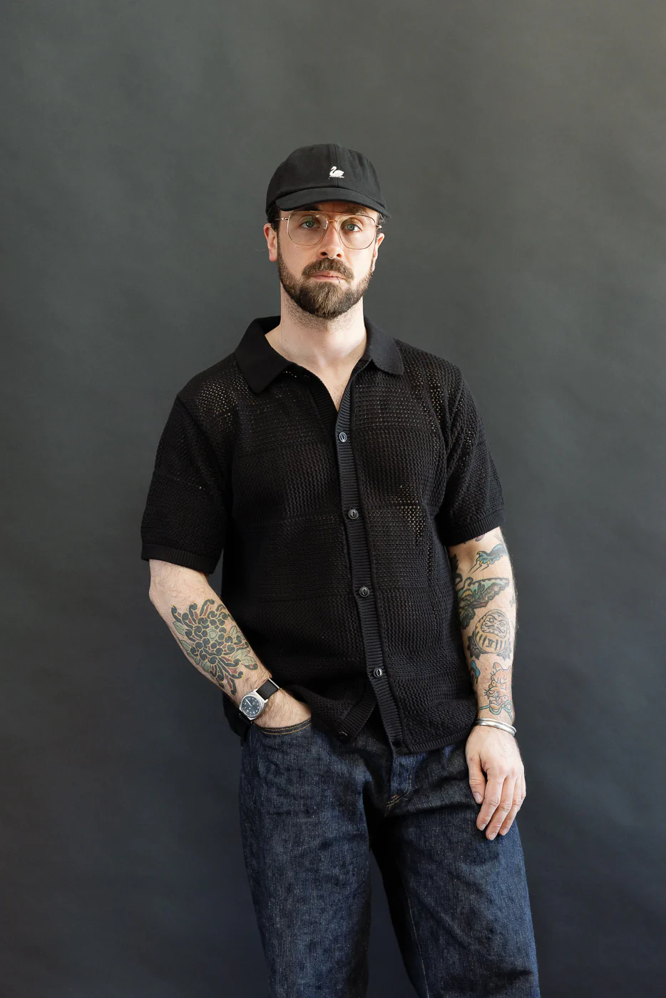 KNITSHIRT01.99 - 1960s Crochet Cotton Short Sleeve Shirt - Deep Black - Image 10