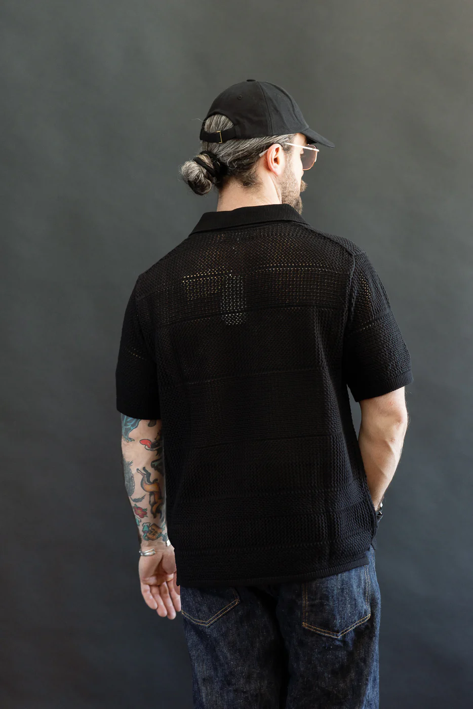 KNITSHIRT01.99 - 1960s Crochet Cotton Short Sleeve Shirt - Deep Black - Image 13