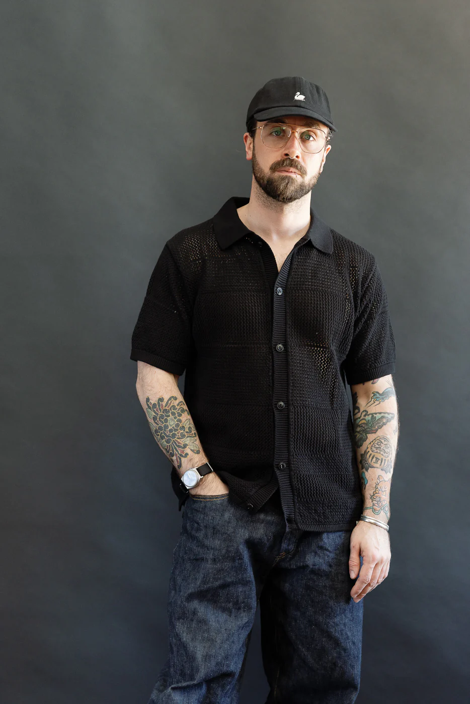 KNITSHIRT01.99 - 1960s Crochet Cotton Short Sleeve Shirt - Deep Black - Image 16
