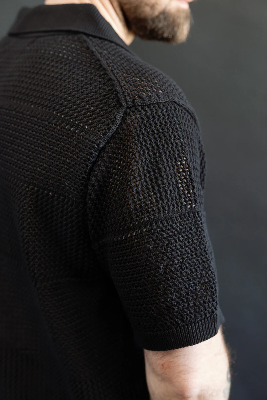 KNITSHIRT01.99 - 1960s Crochet Cotton Short Sleeve Shirt - Deep Black - Image 20