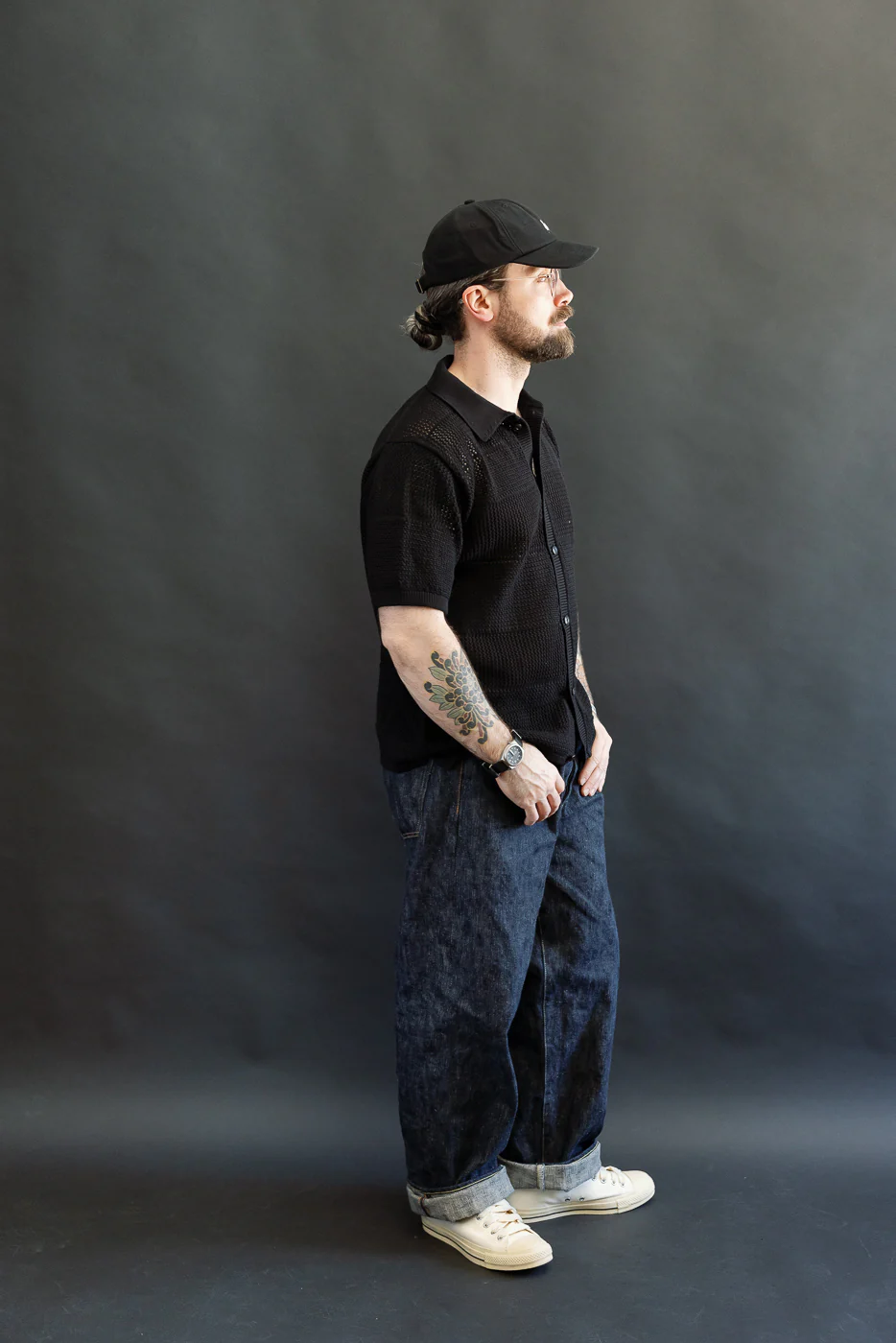 KNITSHIRT01.99 - 1960s Crochet Cotton Short Sleeve Shirt - Deep Black - Image 8