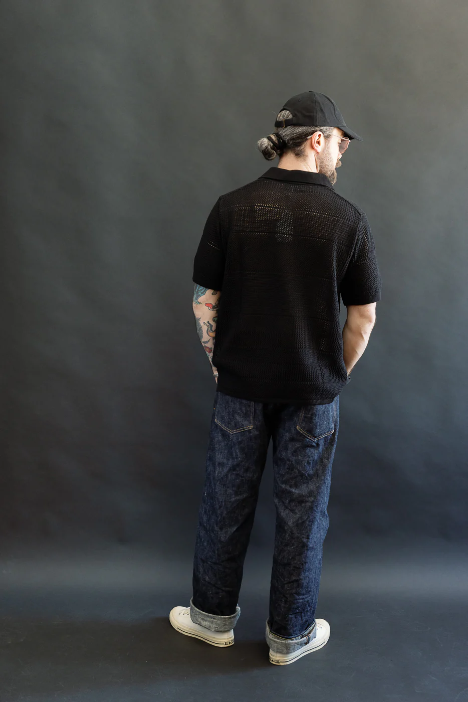 KNITSHIRT01.99 - 1960s Crochet Cotton Short Sleeve Shirt - Deep Black - Image 9