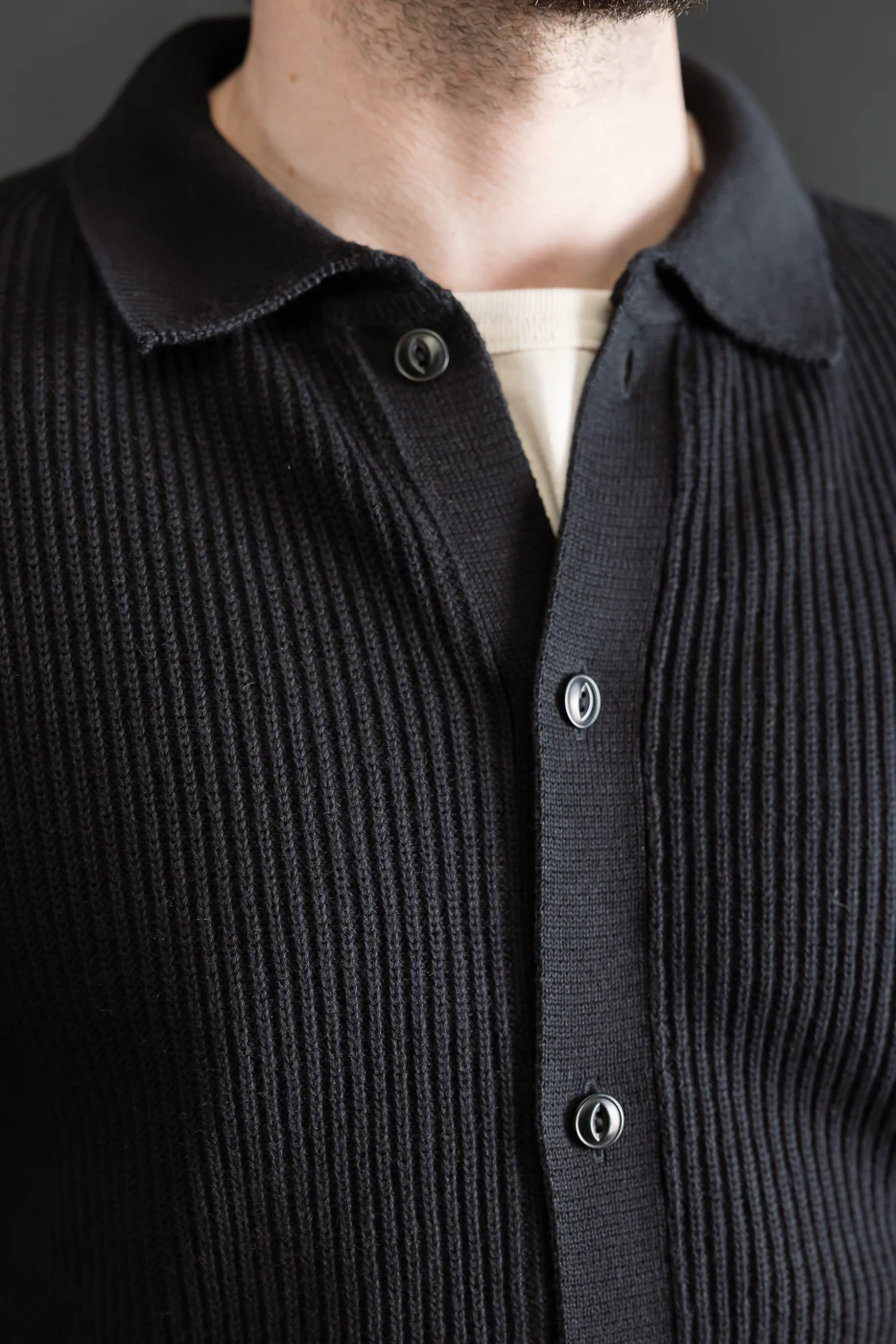 KNITSHIRT05.99 - Ribbed Cotton Long Sleeve Shirt - Deep Black - Image 17