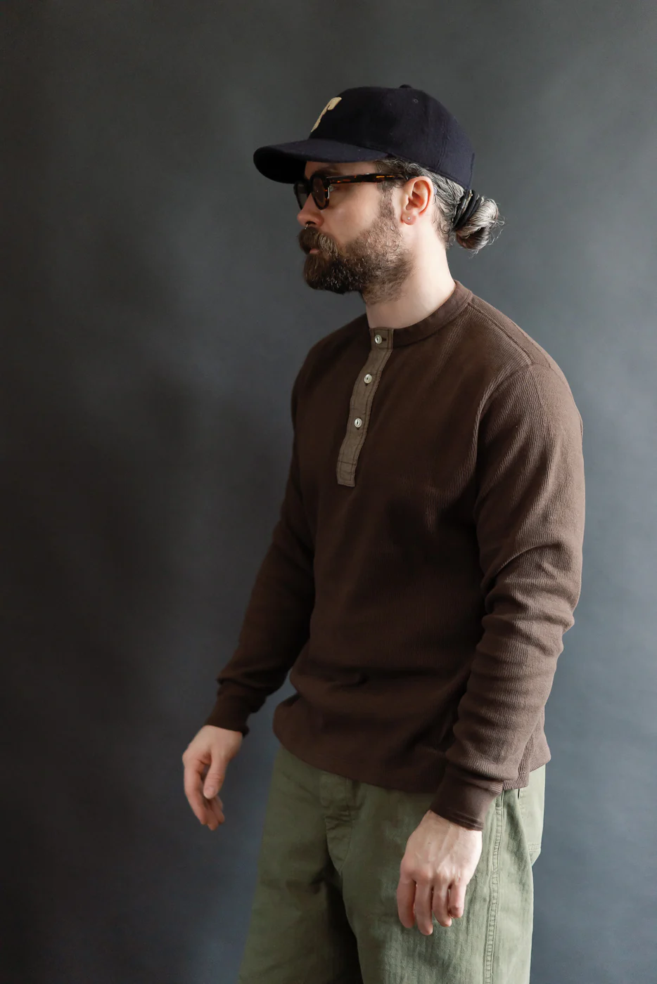 LRH1041 - Supima Long Sleeve Honeycomb Knit Henleyneck Thermal - Oak Brown - Image 10