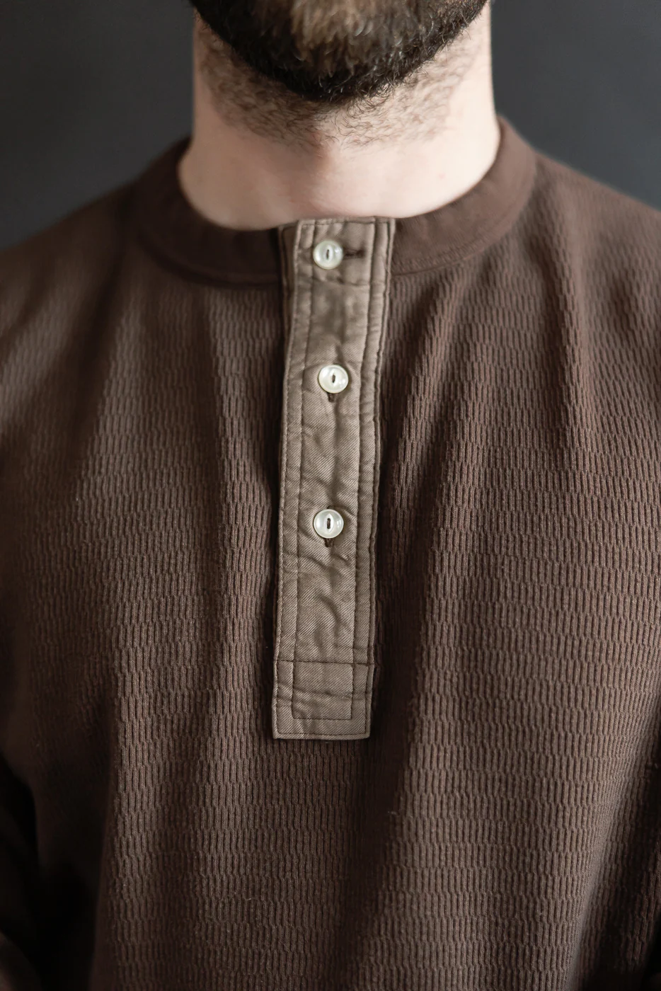 LRH1041 - Supima Long Sleeve Honeycomb Knit Henleyneck Thermal - Oak Brown - Image 14