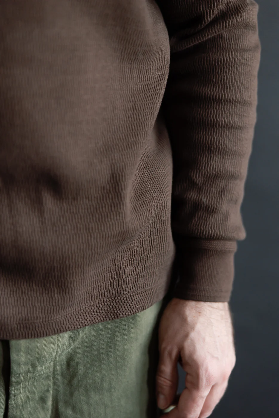 LRH1041 - Supima Long Sleeve Honeycomb Knit Henleyneck Thermal - Oak Brown - Image 5