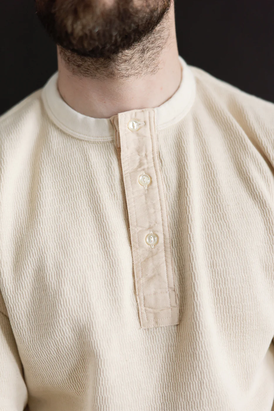 LRH1041 - Supima Long Sleeve Honeycomb Knit Henleyneck Thermal - Vintage Ivory - Image 14