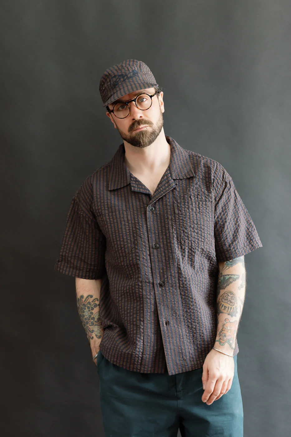 M-I-002 - Belfast Seersucker Denim Aloha Shirt - Coffee, Navy - Image 10