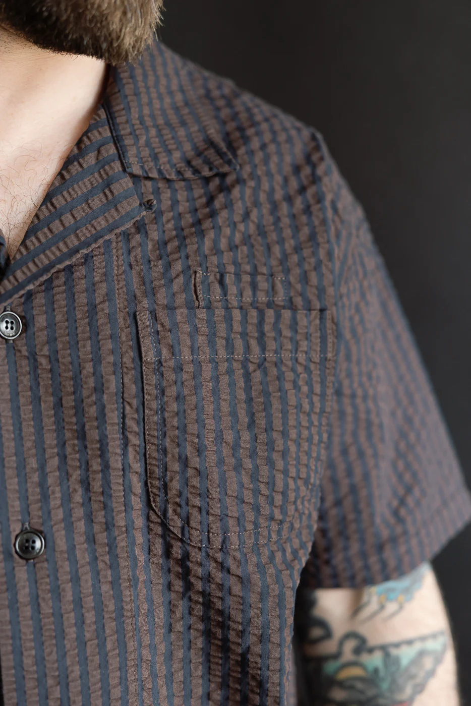 M-I-002 - Belfast Seersucker Denim Aloha Shirt - Coffee, Navy - Image 17