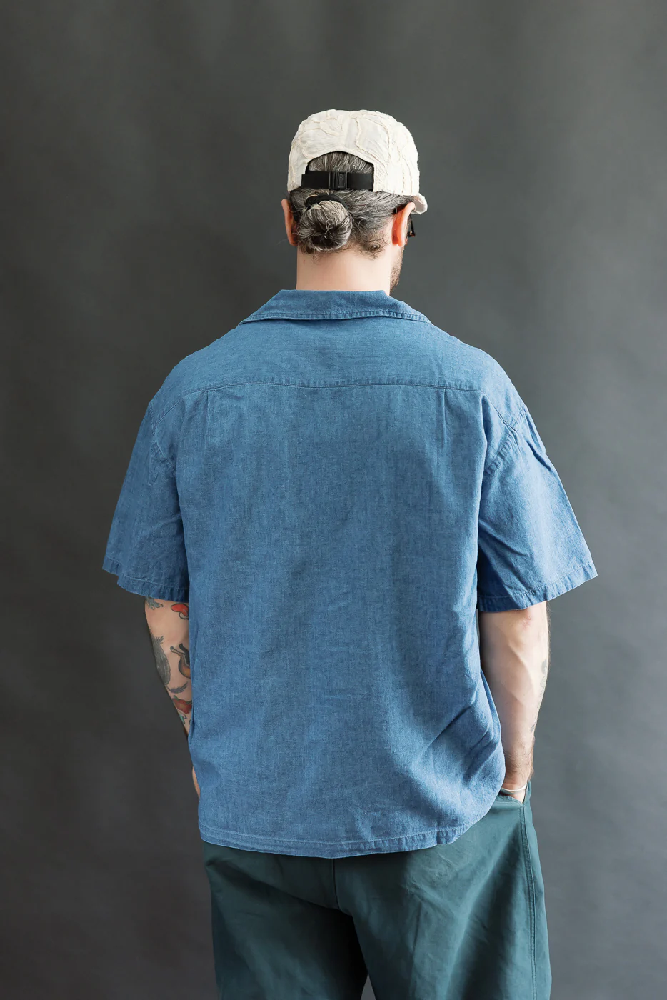 M-I-002 - Linen Cotton Denim Aloha Shirt - Blue - Image 10