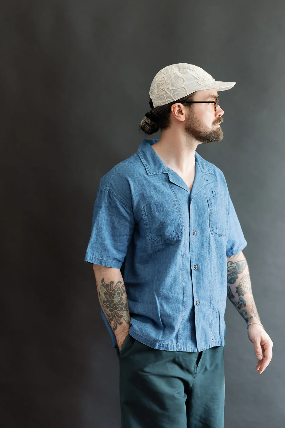 M-I-002 - Linen Cotton Denim Aloha Shirt - Blue - Image 12