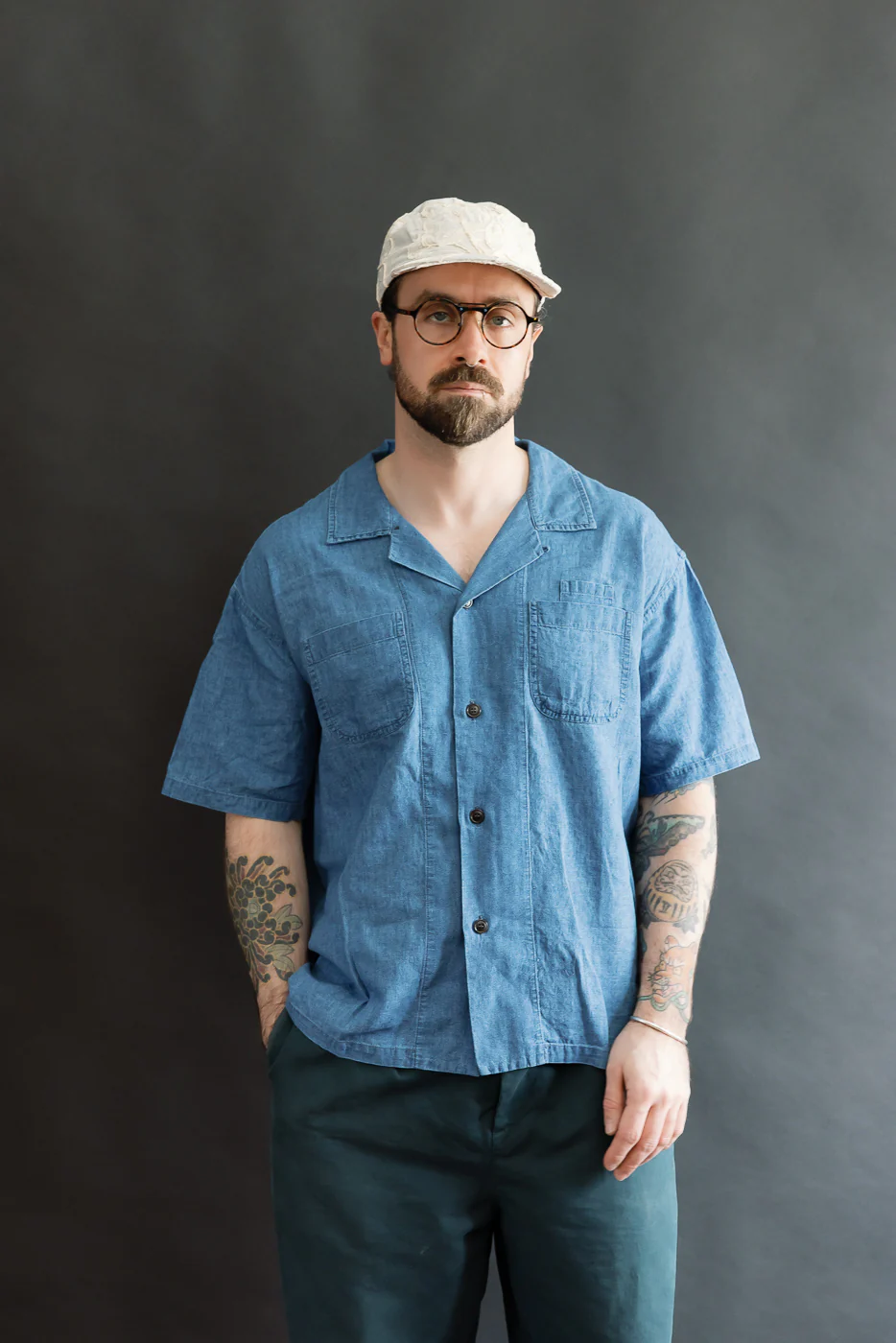 M-I-002 - Linen Cotton Denim Aloha Shirt - Blue - Image 13