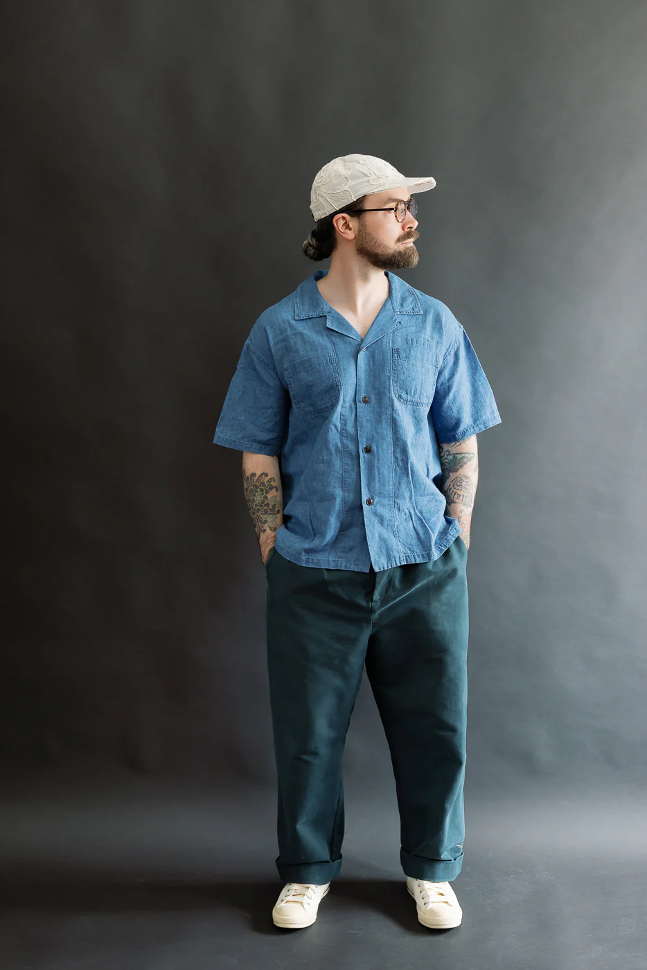 M-I-002 - Linen Cotton Denim Aloha Shirt - Blue - Image 5