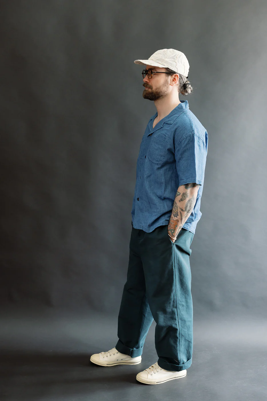 M-I-002 - Linen Cotton Denim Aloha Shirt - Blue - Image 6