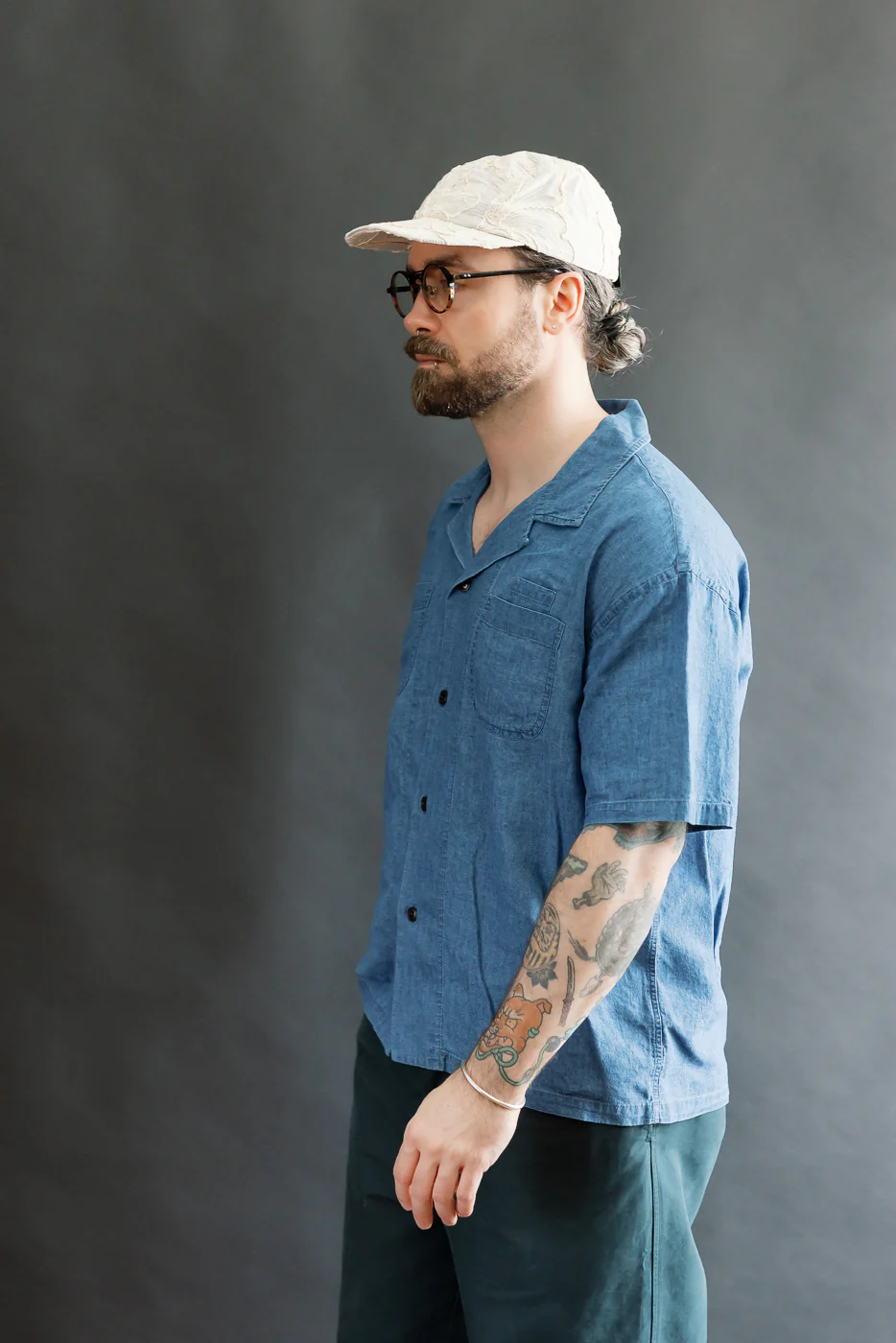 M-I-002 - Linen Cotton Denim Aloha Shirt - Blue - Image 8