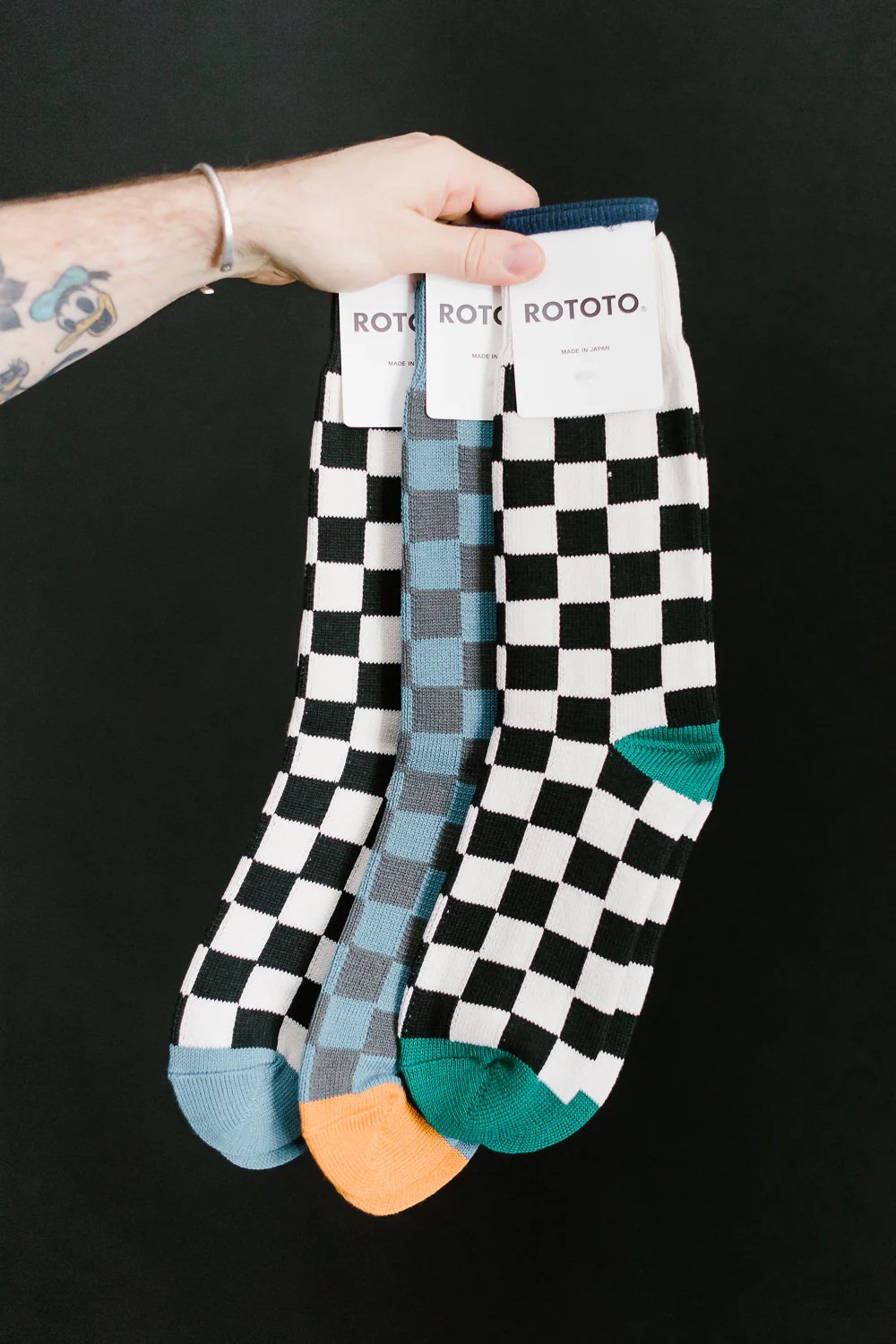 R1495 - Checkerboard Crew Socks - Light Blue, Dark Gray, Light Orange - Image 3