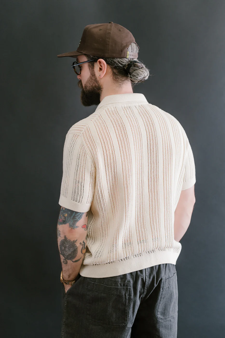 Short Sleeve Mesh Stripe Knit Shirt - Ecru - Image 13