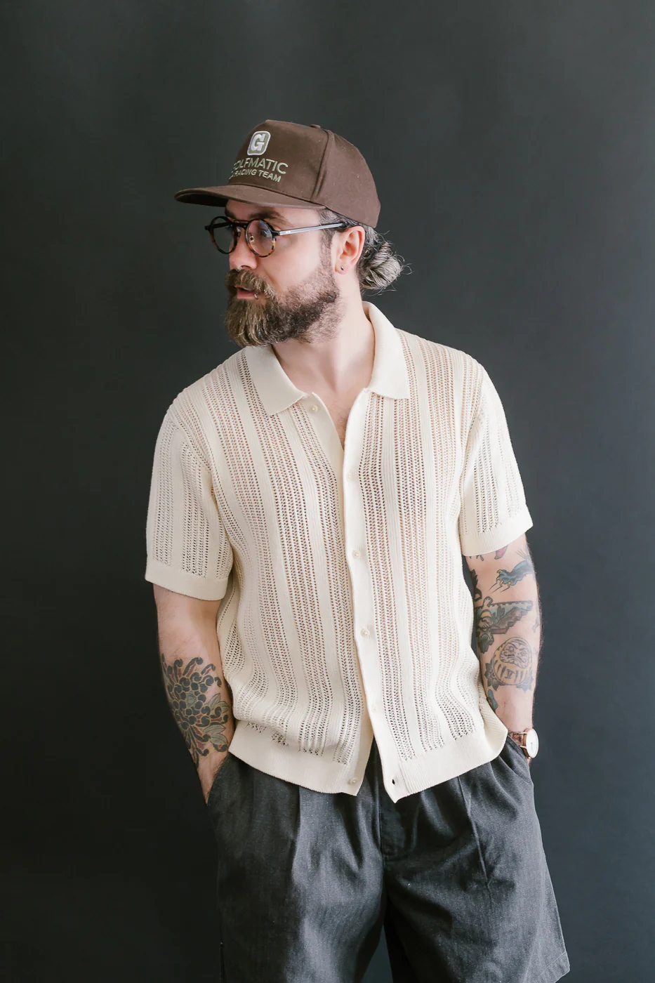 Short Sleeve Mesh Stripe Knit Shirt - Ecru - Image 15