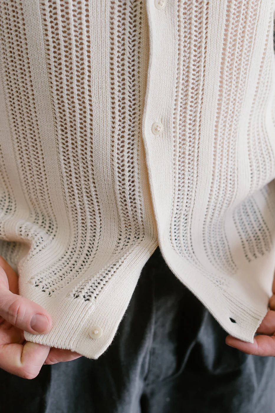 Short Sleeve Mesh Stripe Knit Shirt - Ecru - Image 20