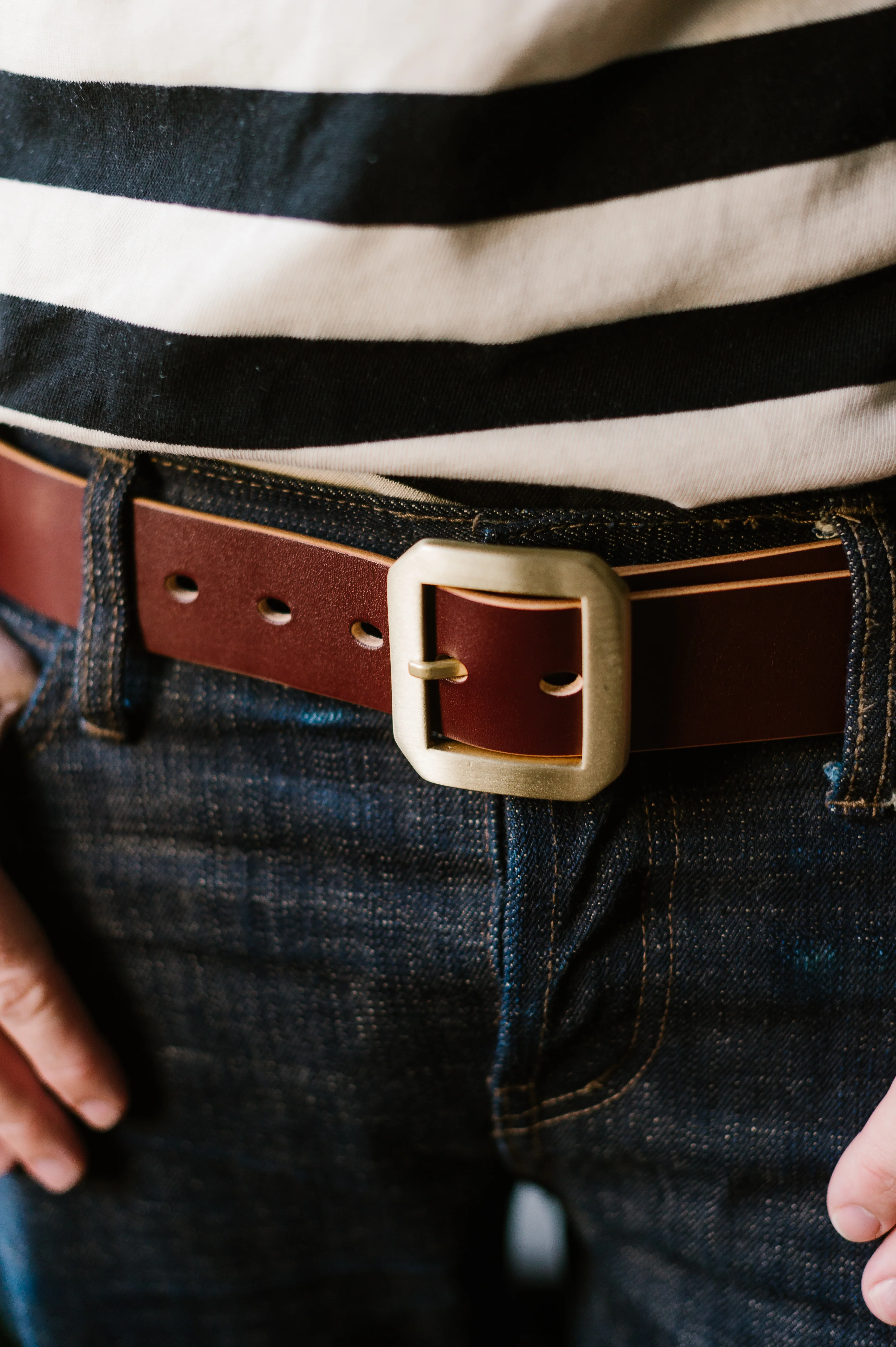 Single Prong Brass Garrison Leather Belt - Hand-Dyed Brown - Image 11
