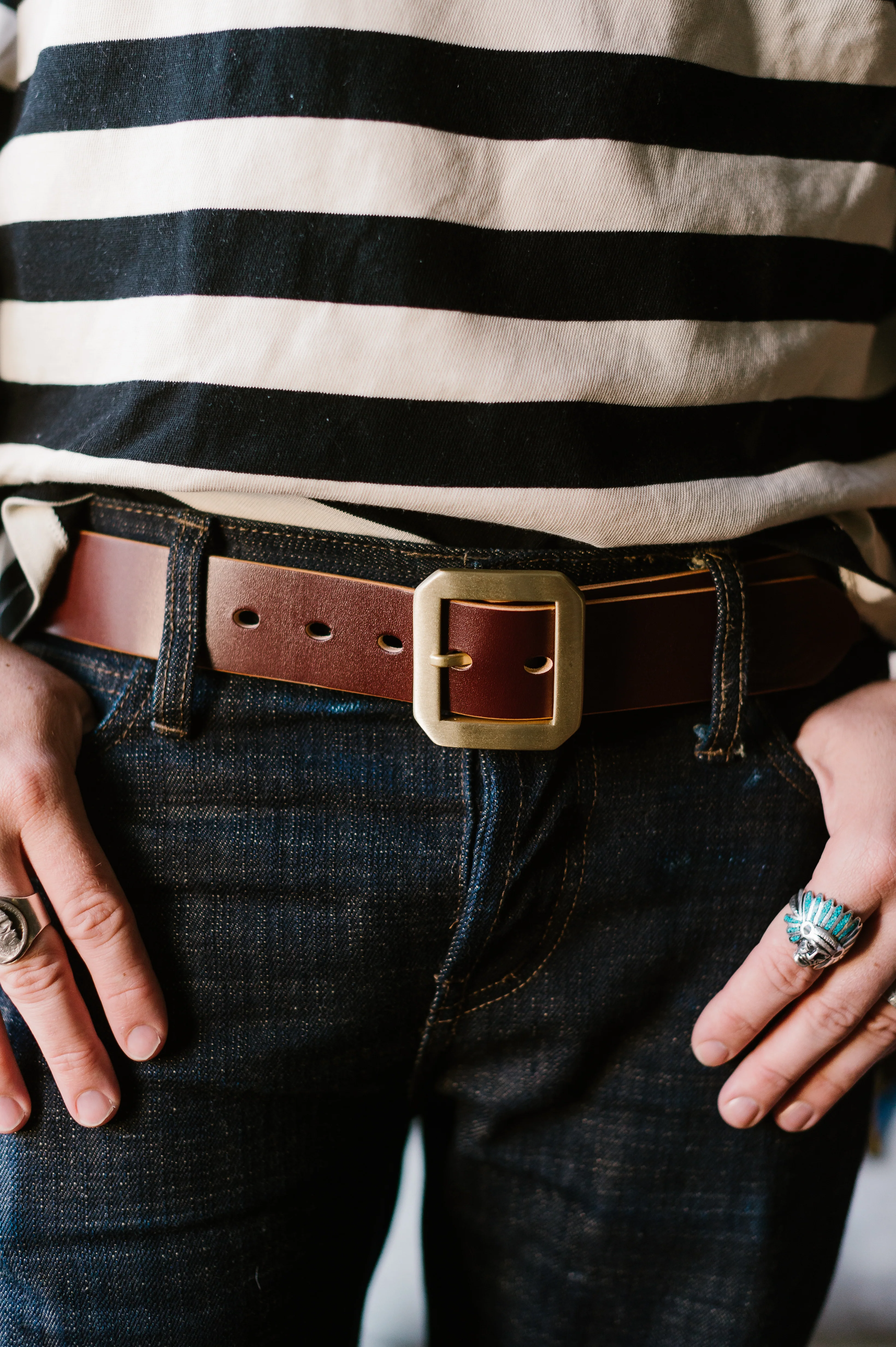 Single Prong Brass Garrison Leather Belt - Hand-Dyed Brown - Image 12