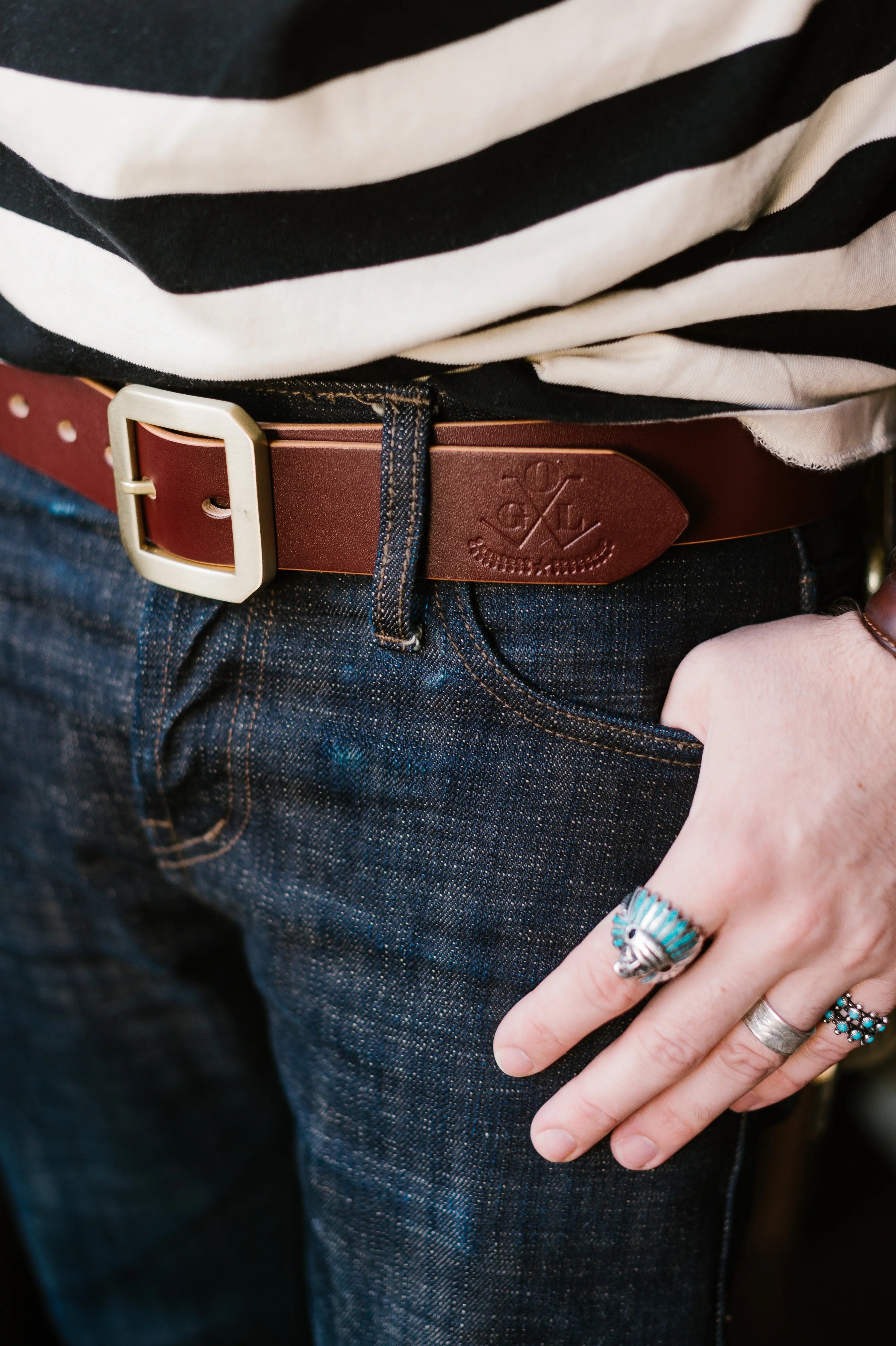 Single Prong Brass Garrison Leather Belt - Hand-Dyed Brown - Image 13