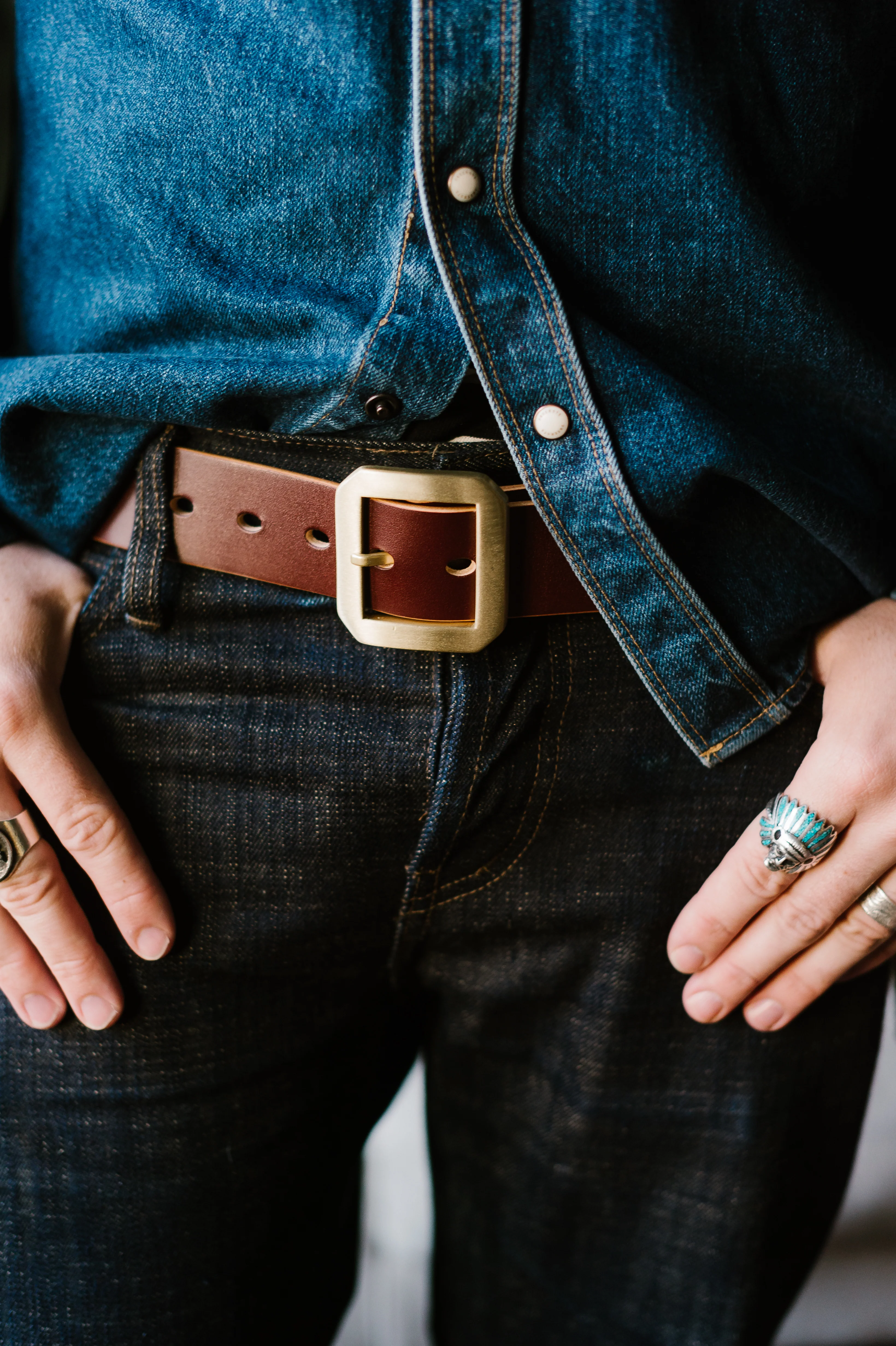 Single Prong Brass Garrison Leather Belt - Hand-Dyed Brown - Image 15