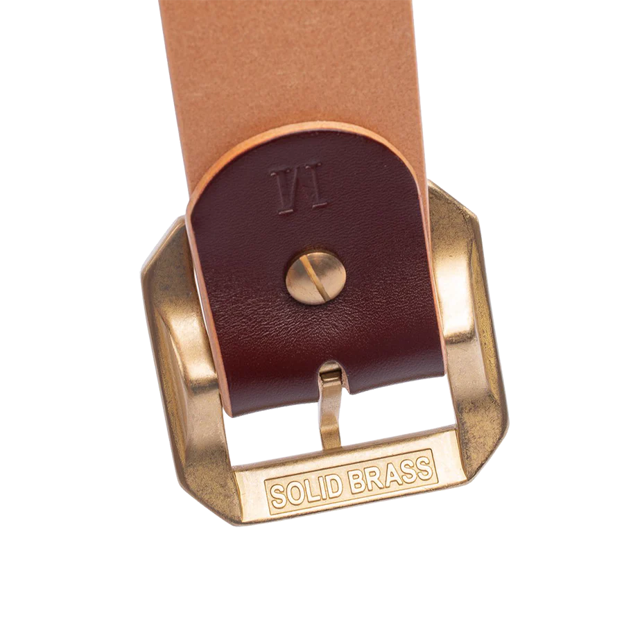 Single Prong Brass Garrison Leather Belt - Hand-Dyed Brown - Image 4