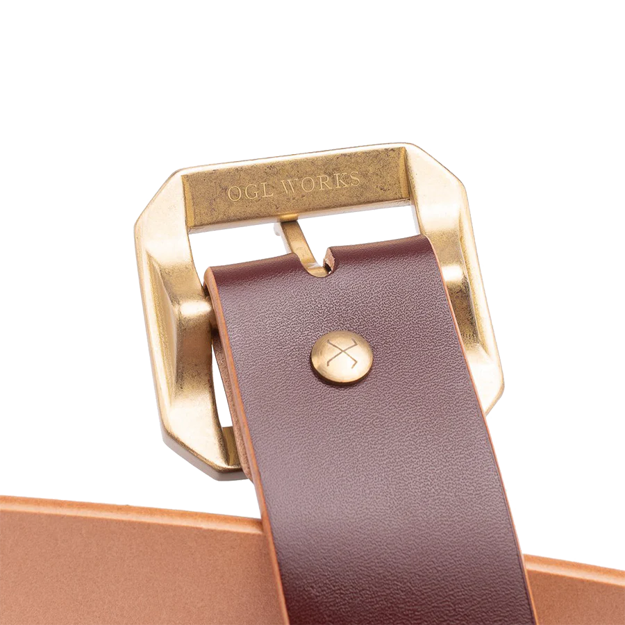 Single Prong Brass Garrison Leather Belt - Hand-Dyed Brown - Image 5