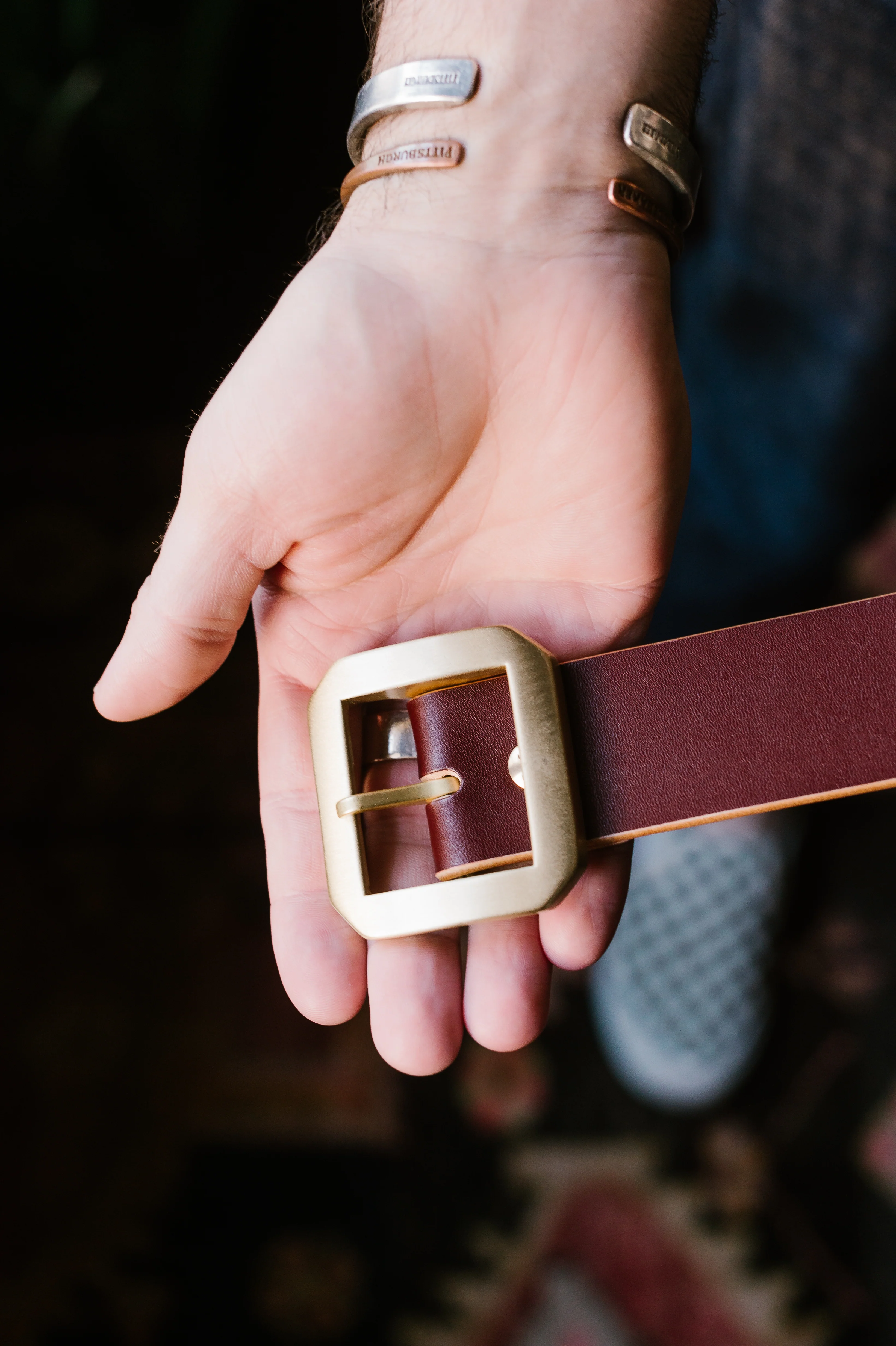 Single Prong Brass Garrison Leather Belt - Hand-Dyed Brown - Image 7