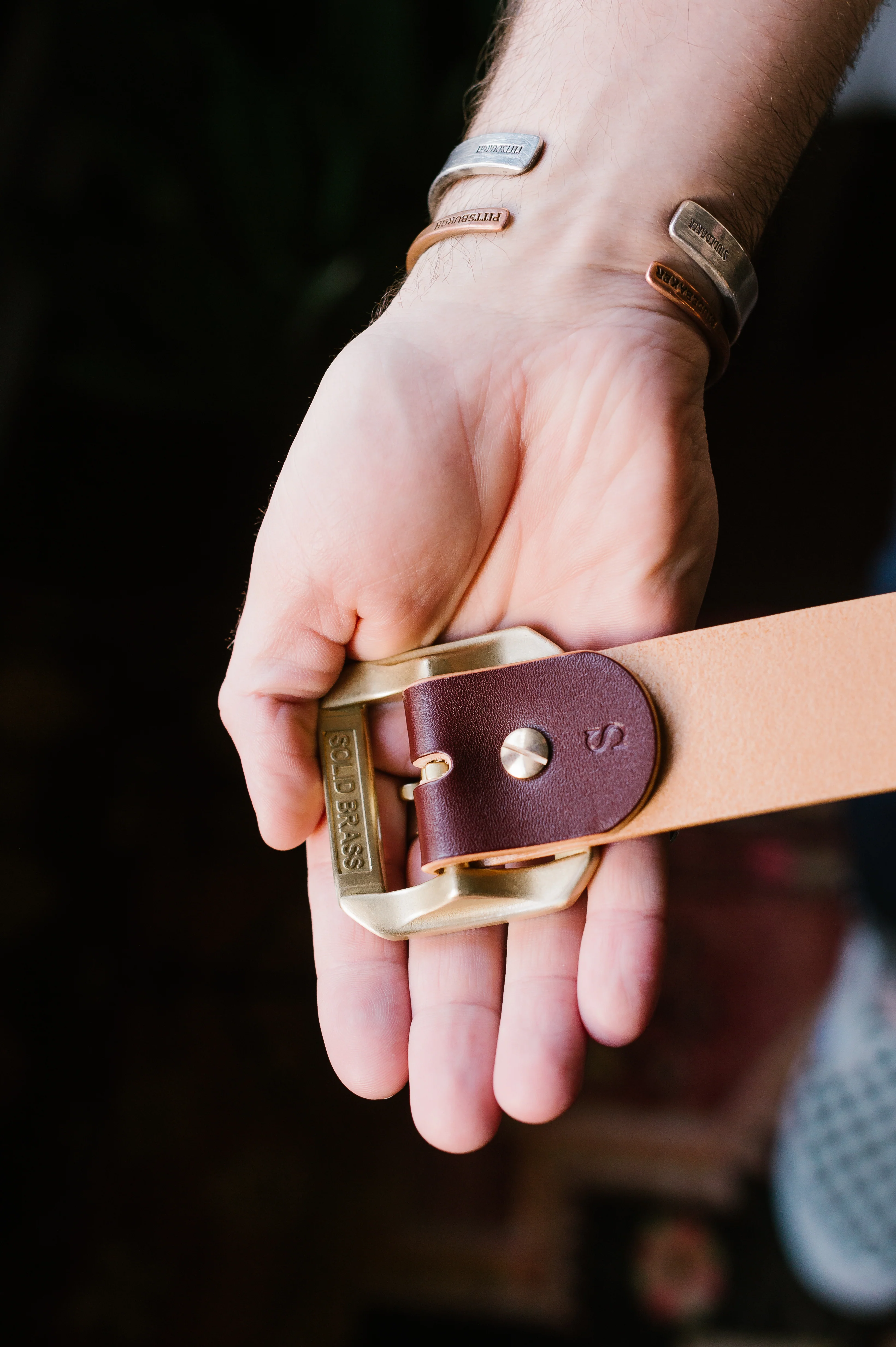 Single Prong Brass Garrison Leather Belt - Hand-Dyed Brown - Image 8