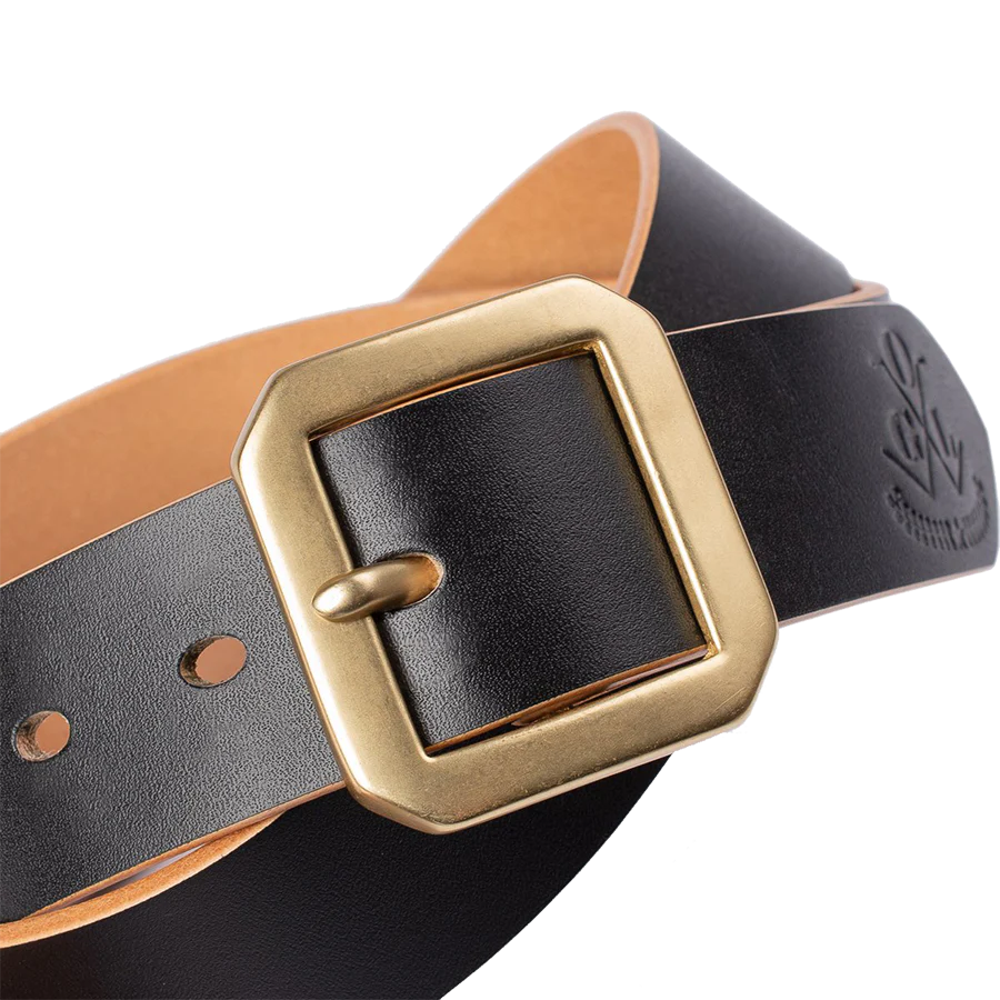 Single Prong Brass Garrison Leather Belt - Hand-Dyed Black - Image 5