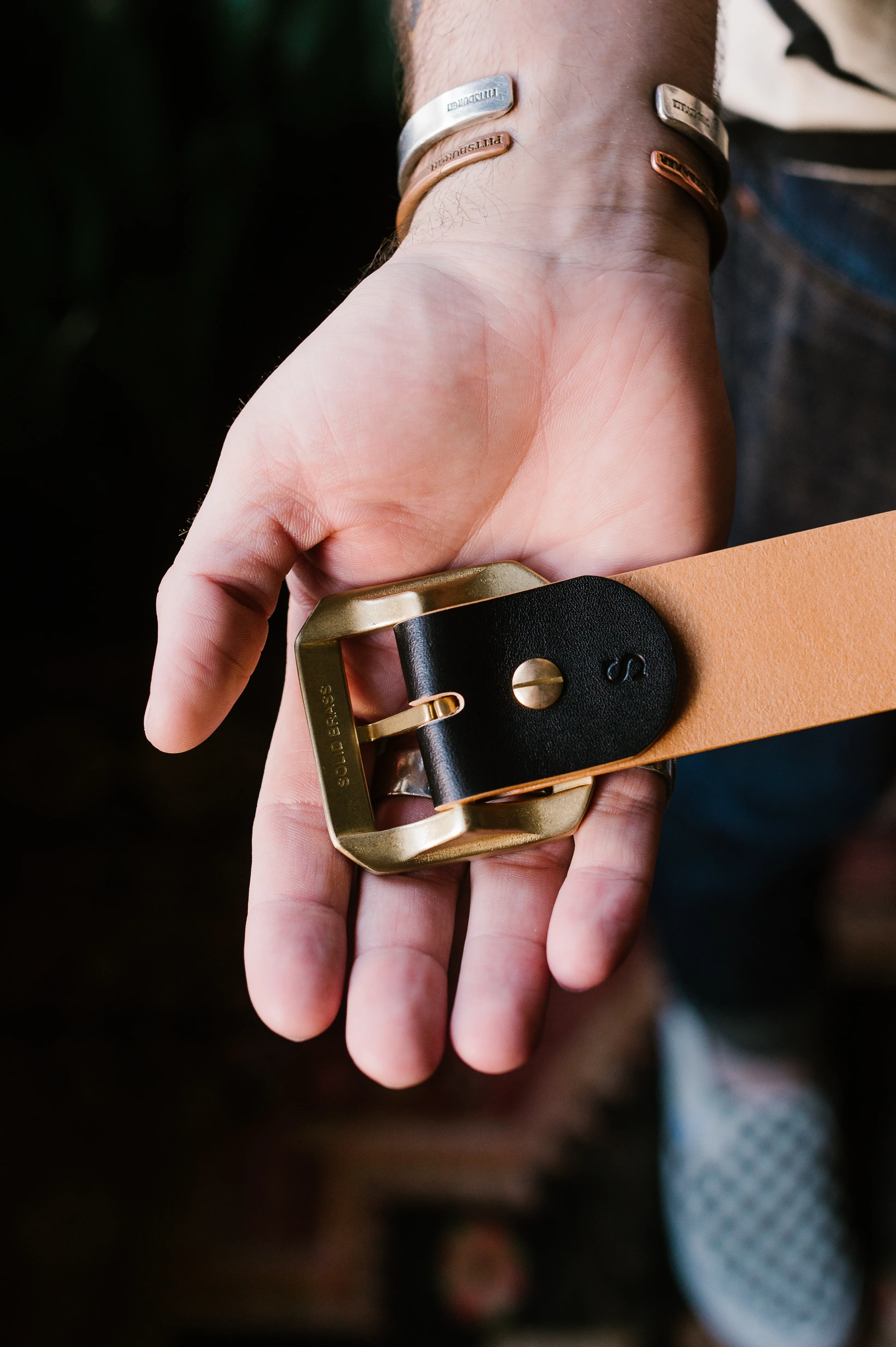 Single Prong Brass Garrison Leather Belt - Hand-Dyed Black - Image 7