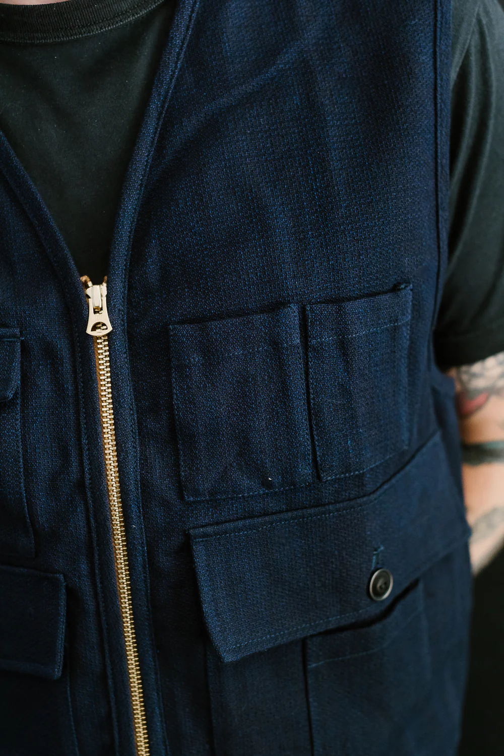 SJVT24-AK - 'Aimadara' Spotted Mixed Field Vest - Natural Indigo - Image 16