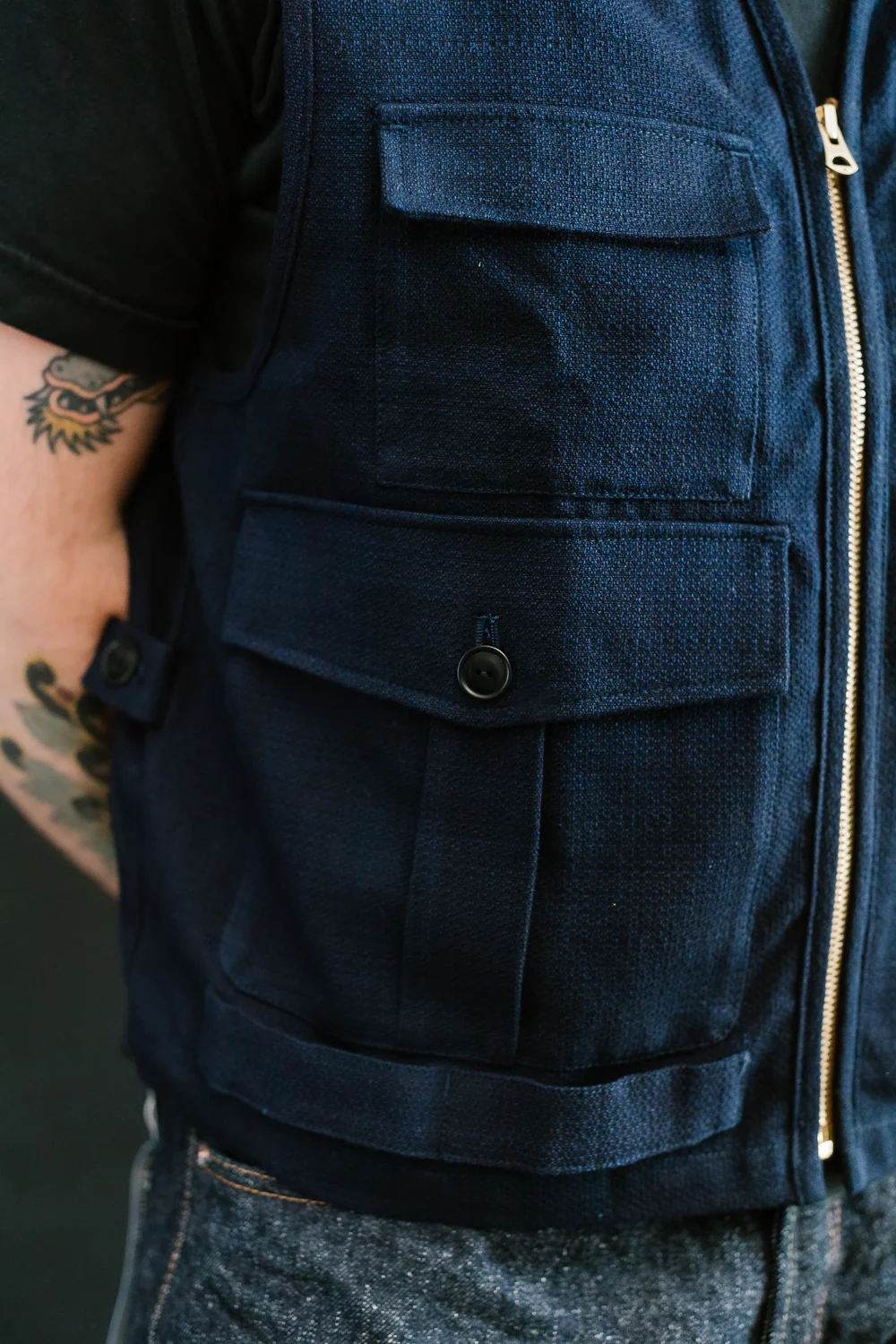 SJVT24-AK - 'Aimadara' Spotted Mixed Field Vest - Natural Indigo - Image 18