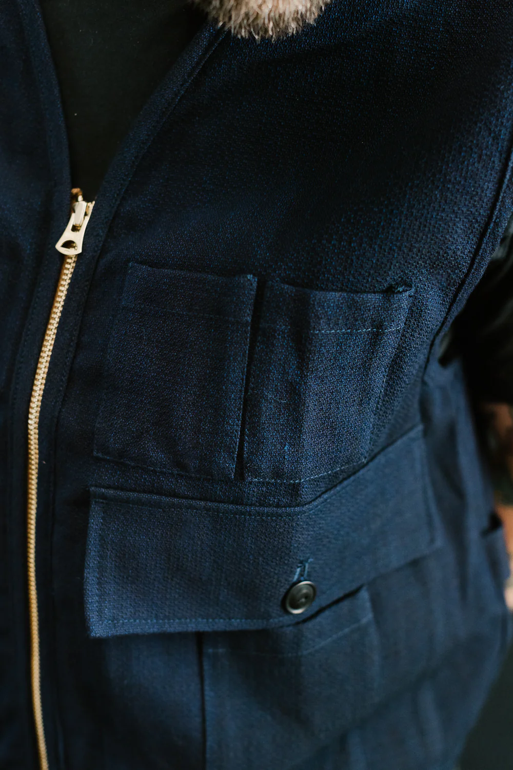 SJVT24-AK - 'Aimadara' Spotted Mixed Field Vest - Natural Indigo - Image 20