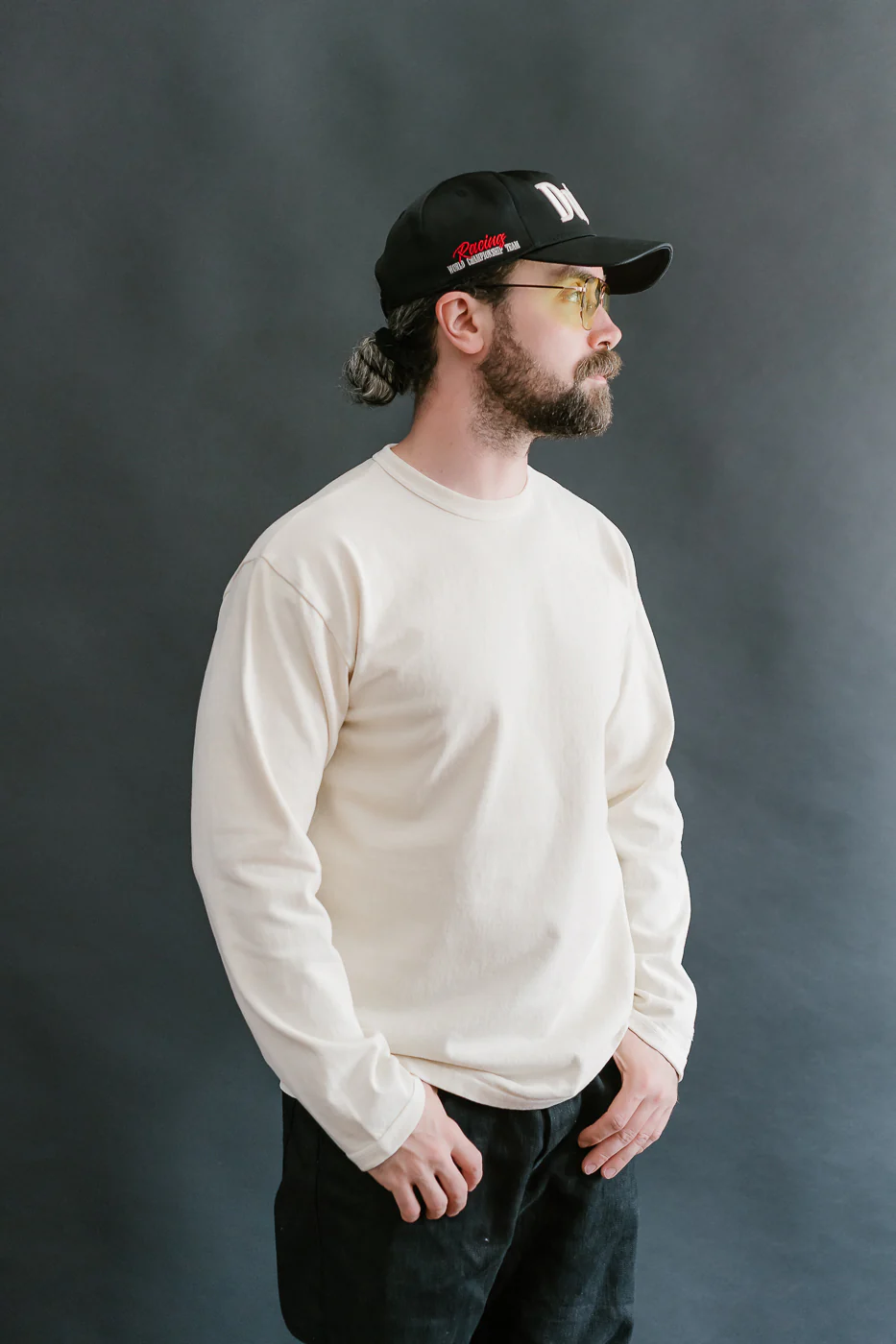 "Stand Wheel" Heavyweight Long Sleeve Pigment Dyed Tee - Cream - Image 10