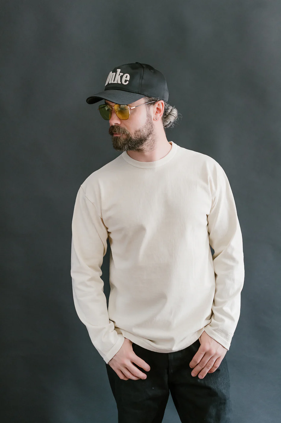 "Stand Wheel" Heavyweight Long Sleeve Pigment Dyed Tee - Cream - Image 8