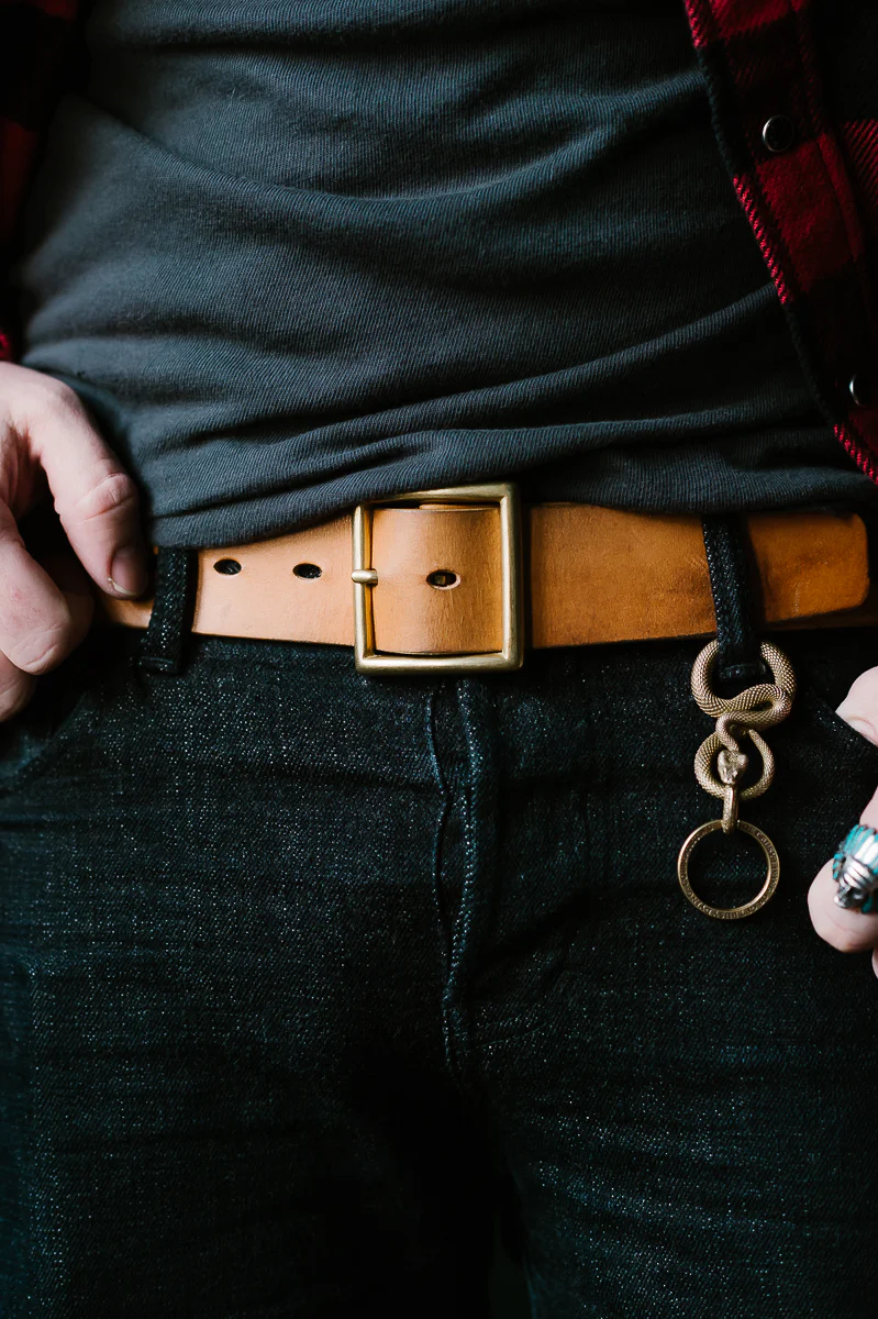 Vintage 1.75" Brass Buckle Leather Belt - Natural - Image 12